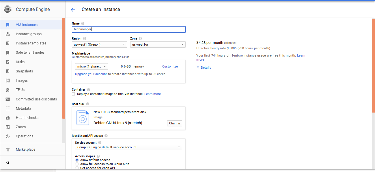 Google Cloud Create Compute Instance