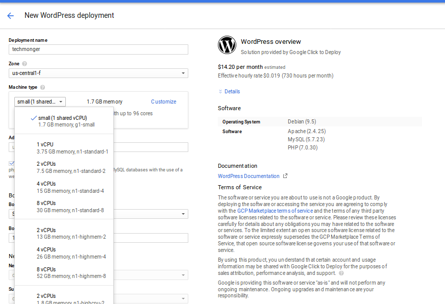 Create Google Compute Instance for Wordpress VM