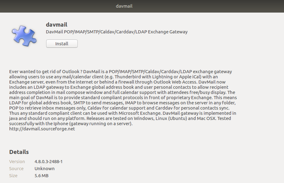 Ubuntu Software Center Window for Davmail
