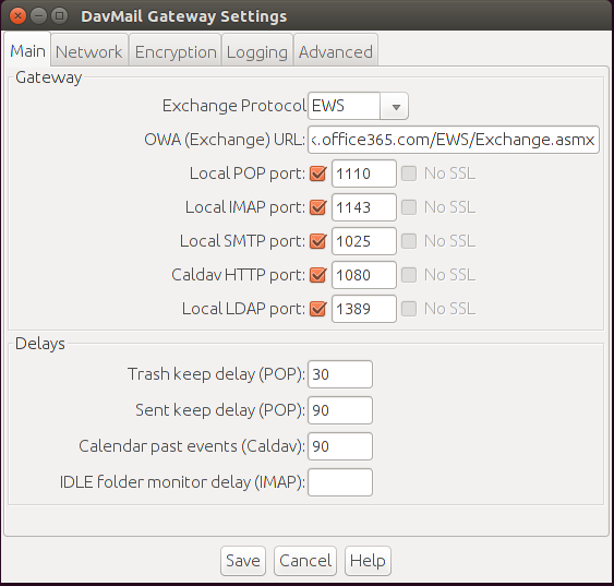 Davmail Exchange Configuration Window in Ubuntu