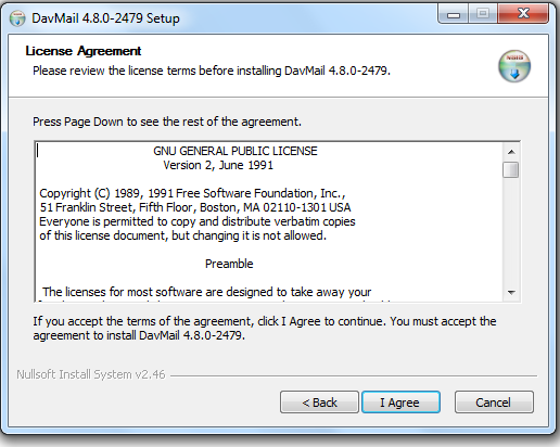 Davmail Installation Dialogbox : License Agreement