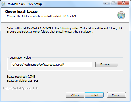 Davmail Installation Dialogbox : Installation folder path