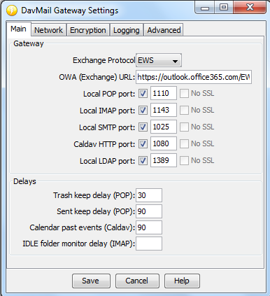 Davmail Exchange Configuration Window