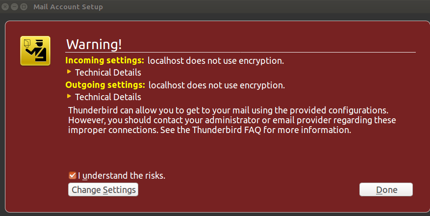Thunderbird Warning for Unencrypted Connections